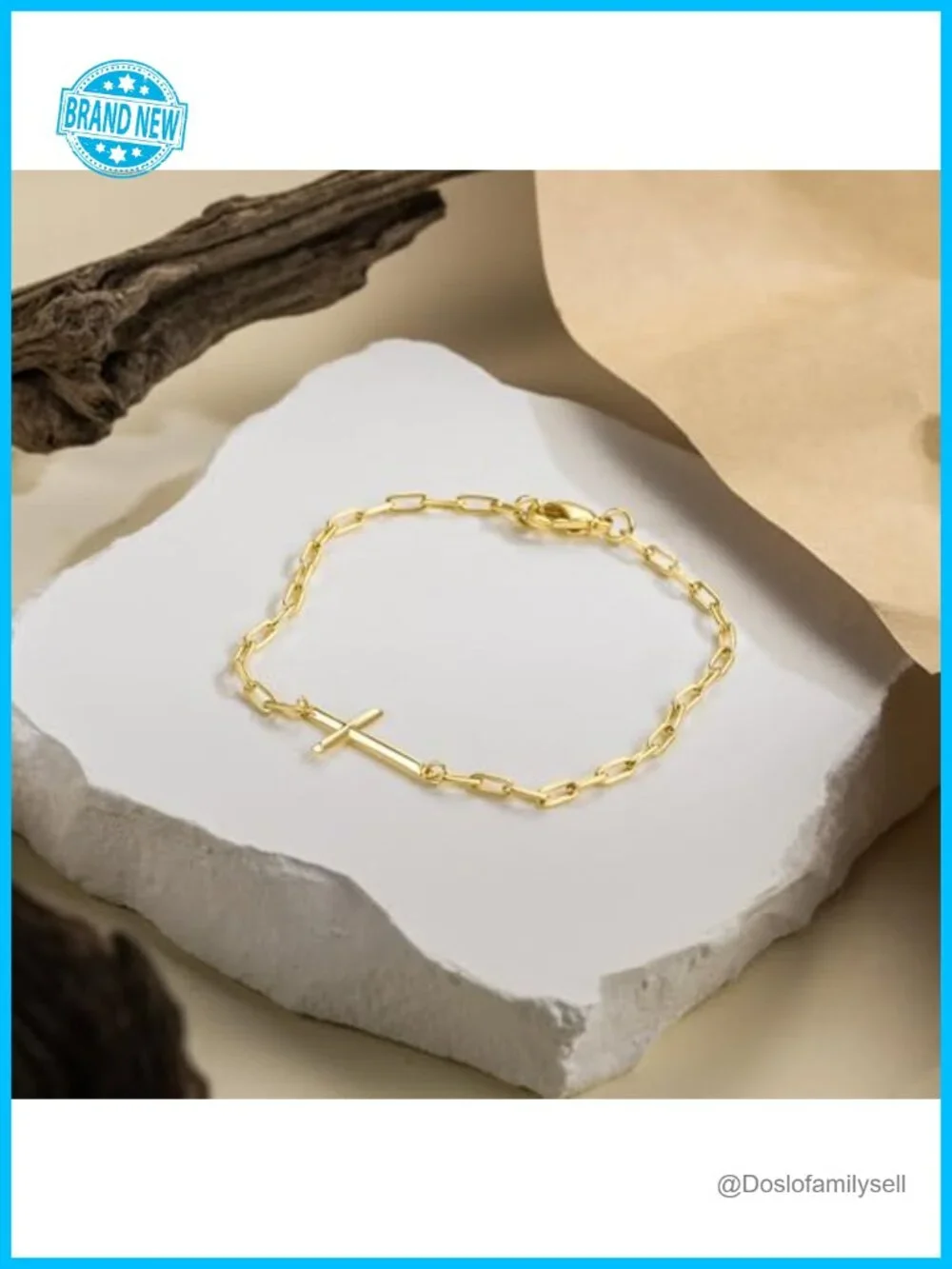 14K Gold Plated Paperclip Chain Bracelet for Women with Cross Charm Stackable